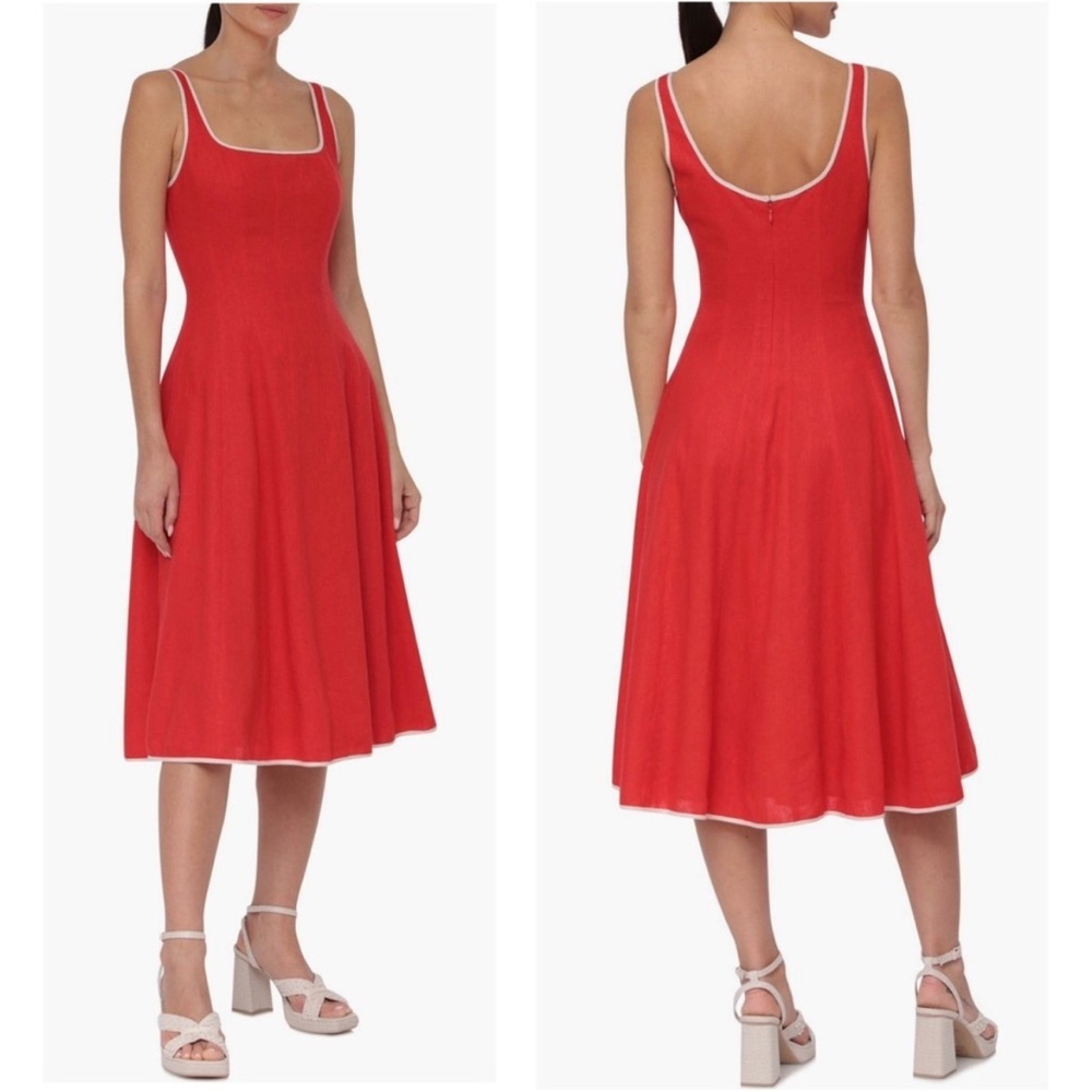 7 for All Mankind A Line Linen Square-Neck Midi Dress with Contrast Trim S NWT